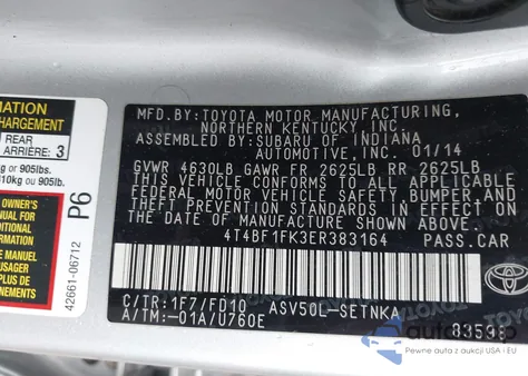 2014 Toyota Camry Le z USA, uszkodzony, nr VIN 4T4BF1FK3ER383164